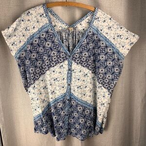 Lucky Brand Soft Patchwork V-neck 3X Scandinavian Blue Damask Ivory Garden Girl